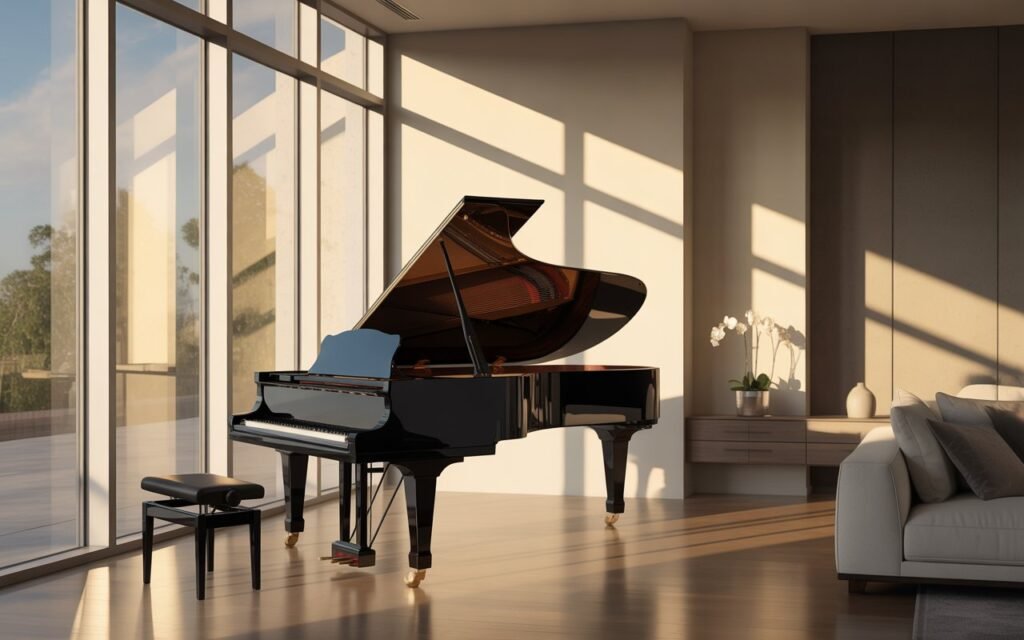 piano placed near window with natural sunlight