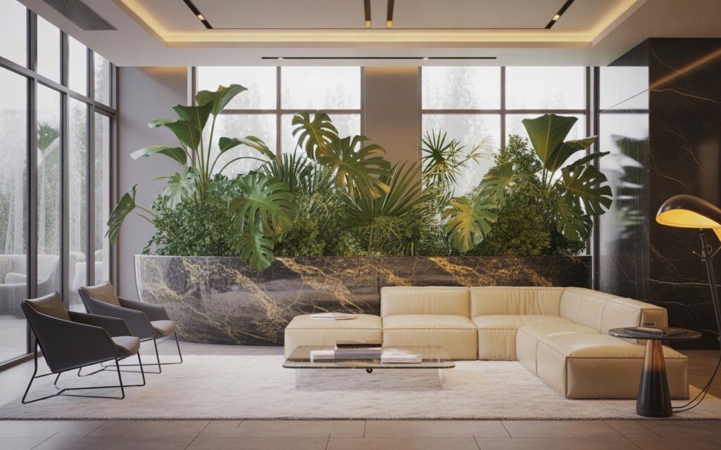 large planter with indoor plant in living room