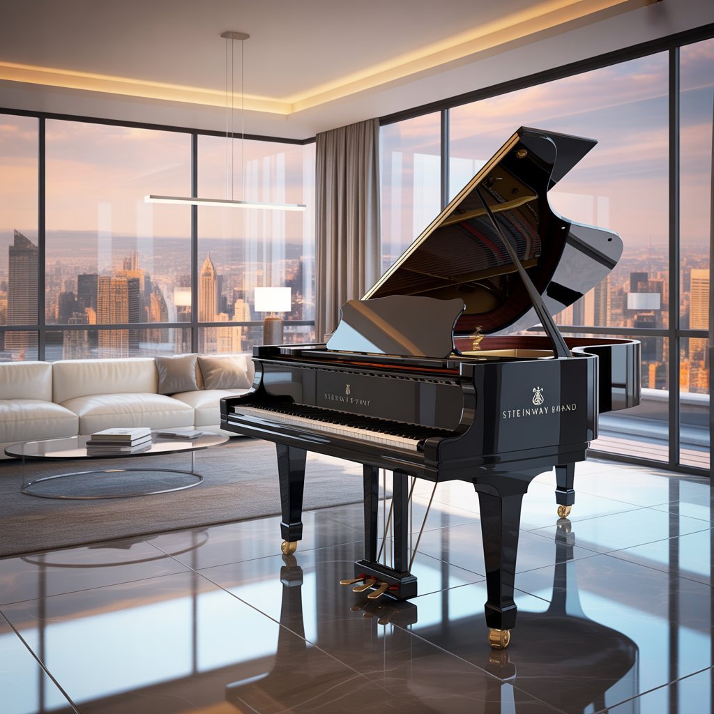 piano setup in luxury apartment living room