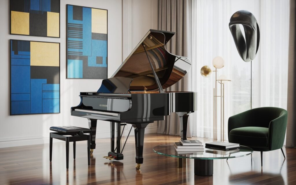 piano room decorated with modern wall art