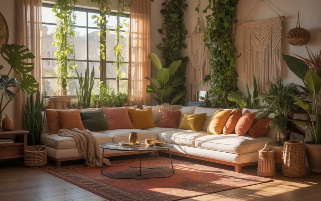 boho living room filled with indoor plants