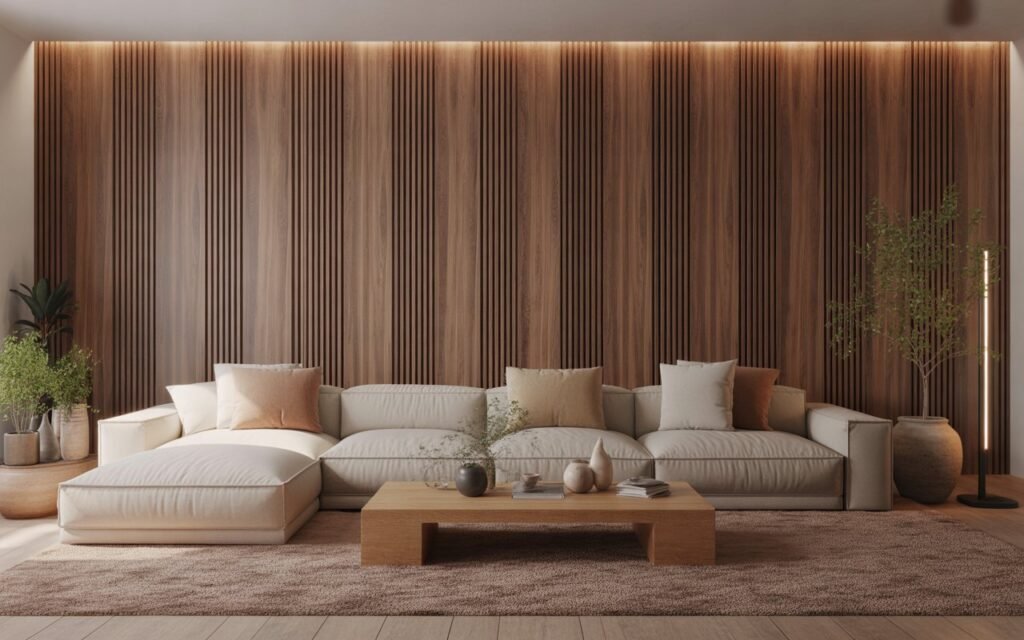 wood slat panel behind sofa