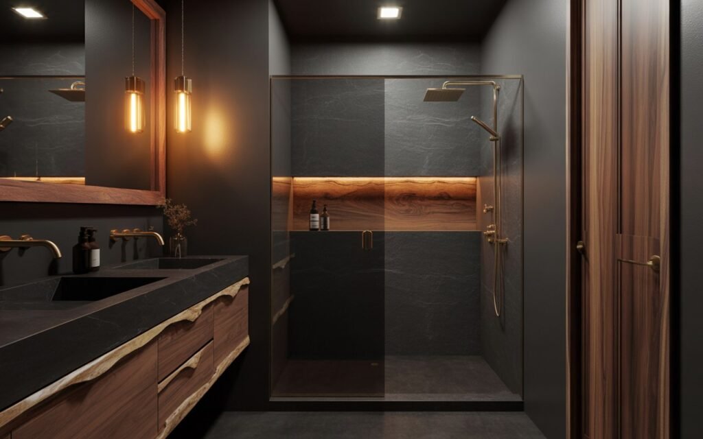 dark bathroom with wood accents and warm tones
