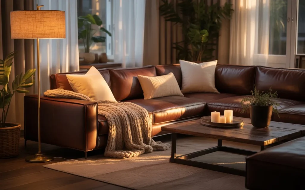 brown couch living room with cozy lighting
