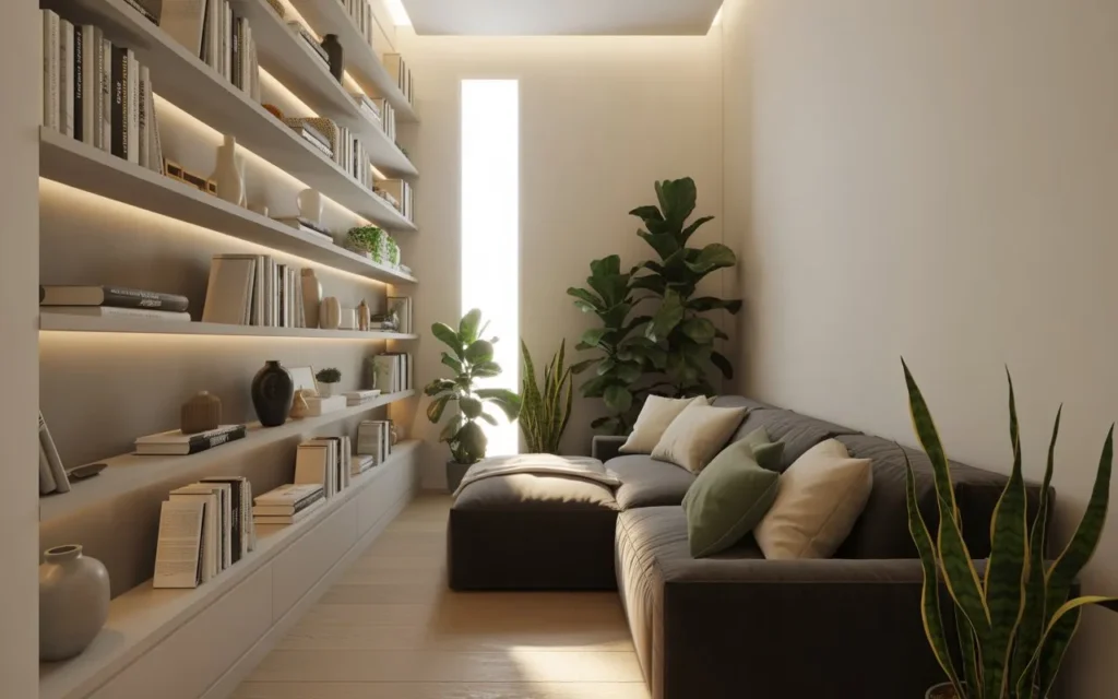 narrow living room with vertical wall shelves