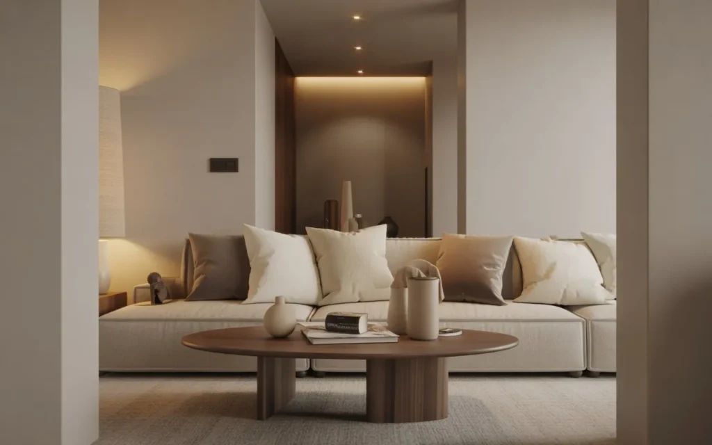 round coffee table in narrow living room layout