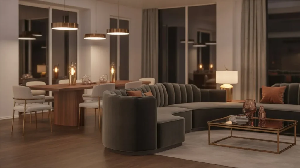 Elegant living room dining room combo with warm metallic accents