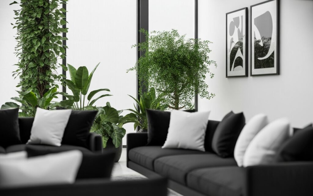 monochrome living room with green plant contrast