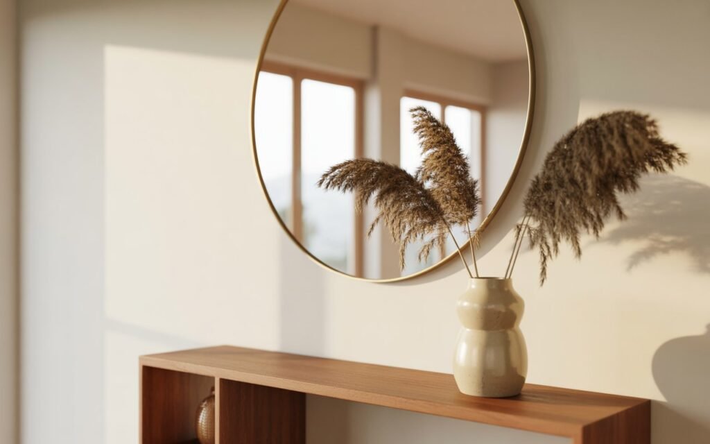 wood console table with mirror entryway decor
