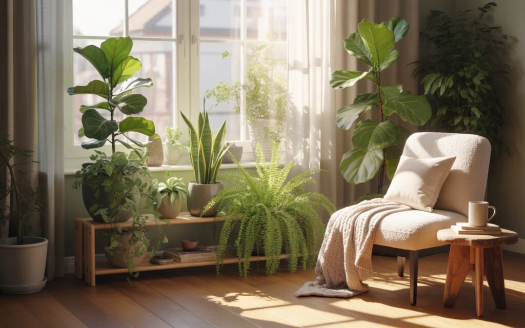 indoor plants placed near living room window with sunlight