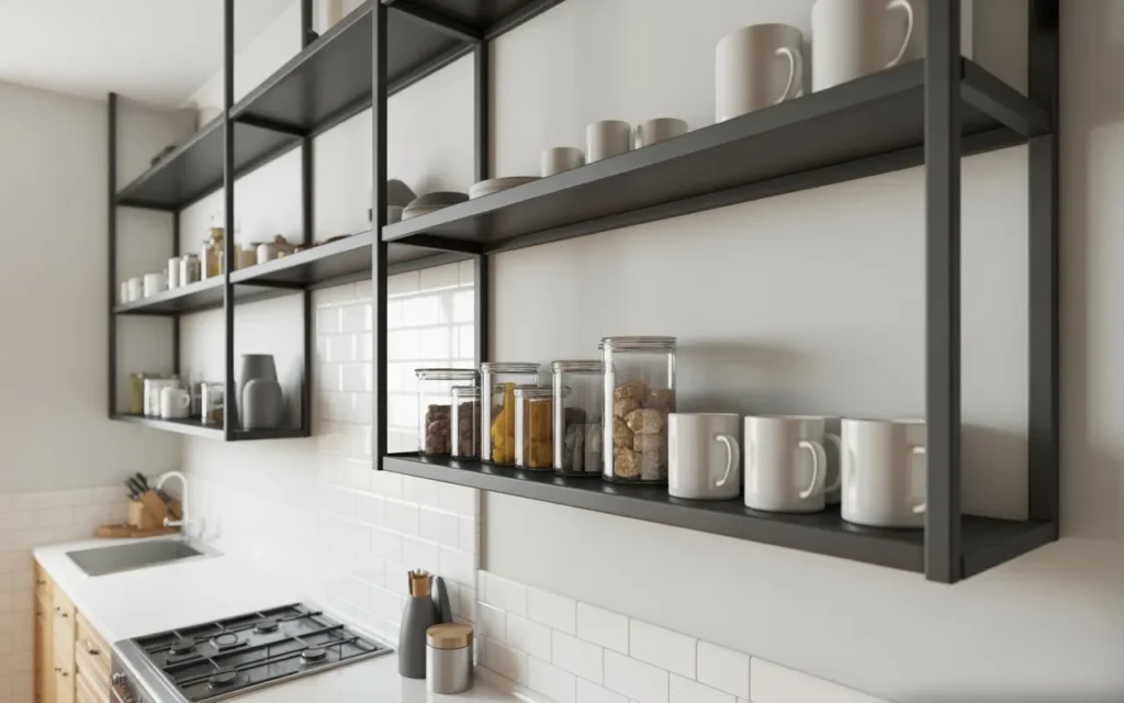 open shelving black frame kitchen