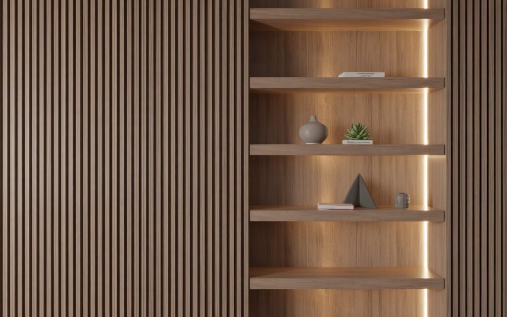 wood slat wall with shelves