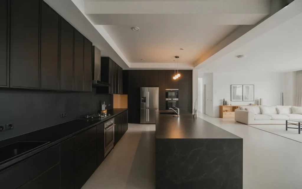 black white open space kitchen