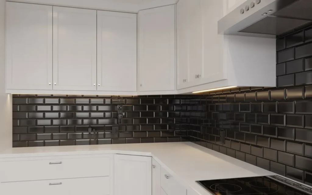 black backsplash white cabinets kitchen