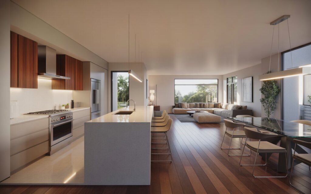 half wall open layout living dining