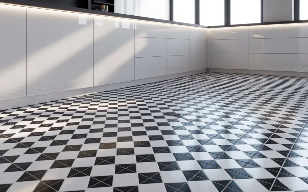 black white tile flooring kitchen