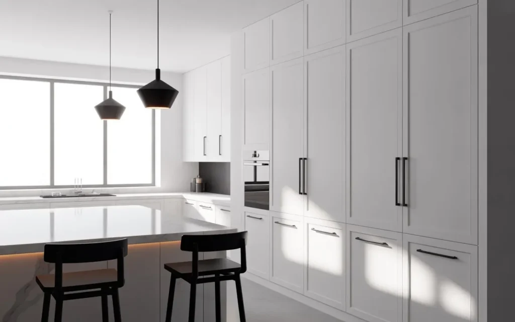 white kitchen with black accents modern design