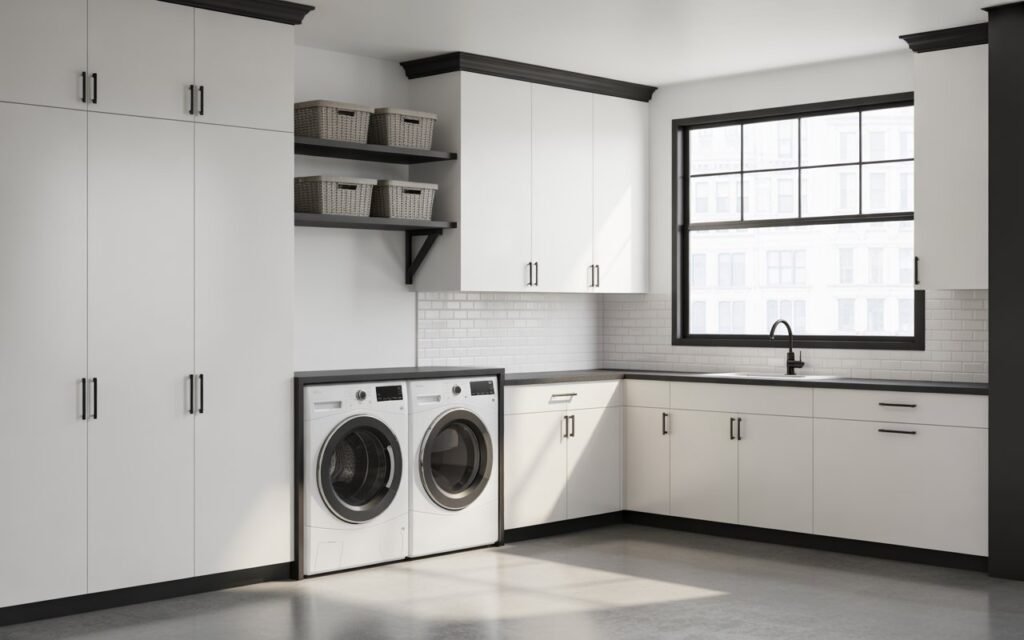 black accents laundry room