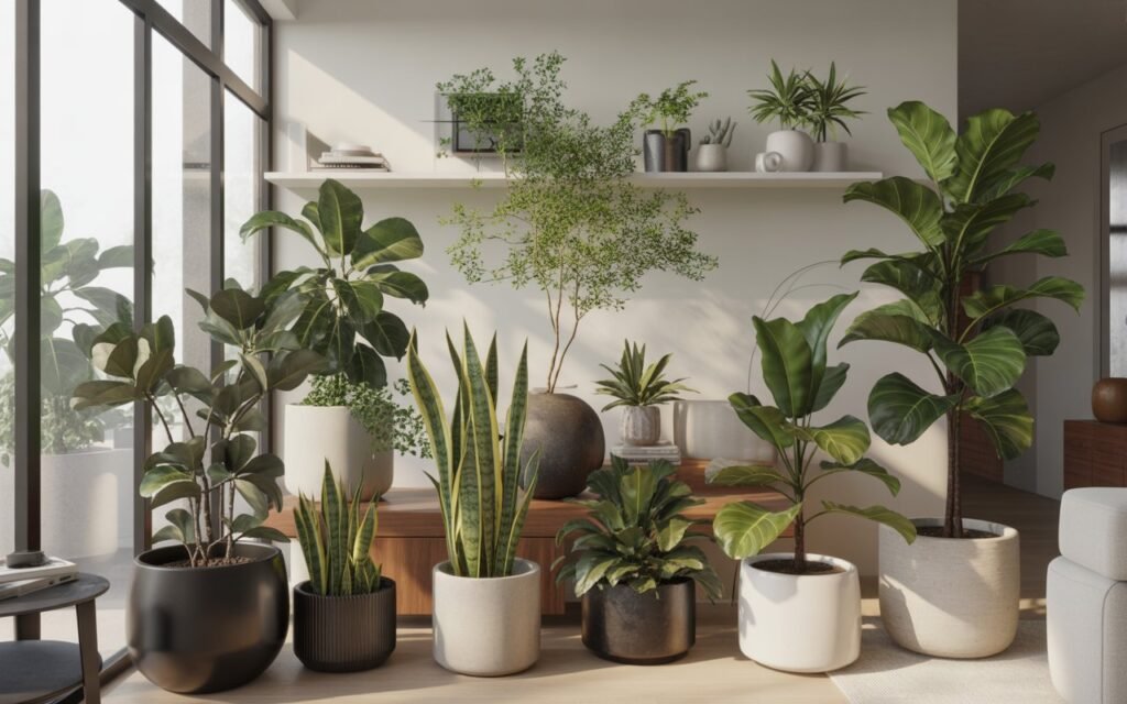 layered plant styling in living room with different heights