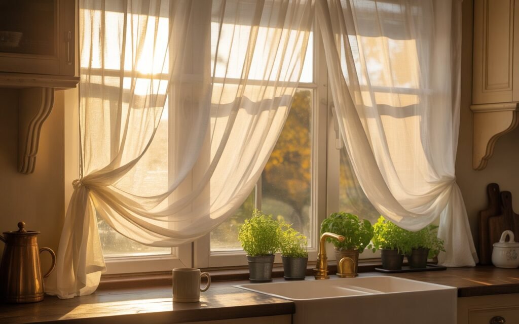 kitchen window styled with soft curtains and sunlight