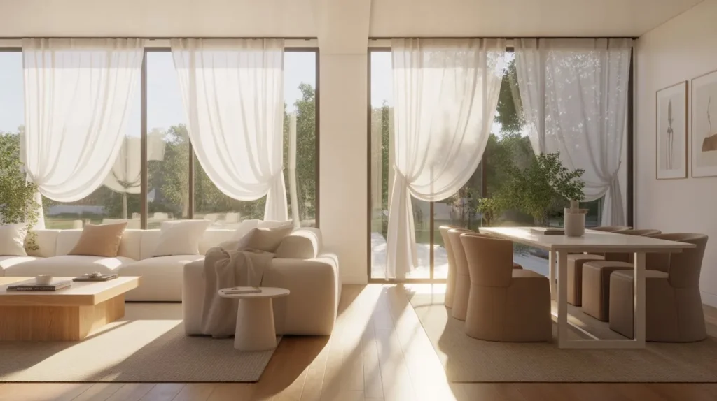 Bright living room and dining room combo with sheer white curtains