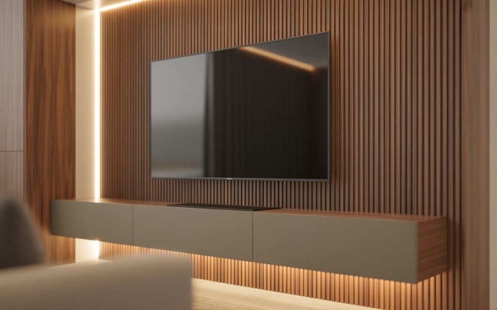 wood slat tv wall design