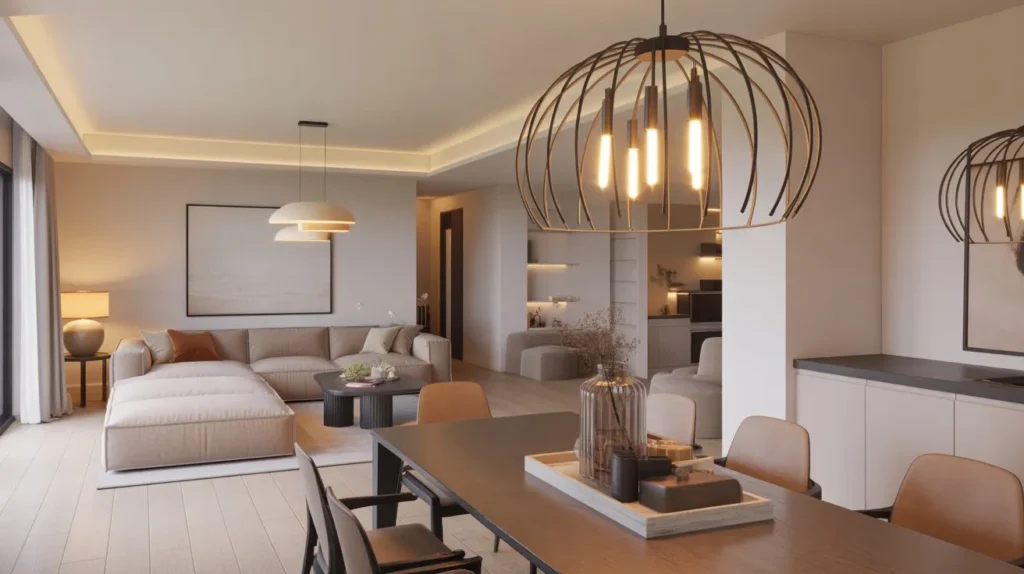 Open concept living room dining room combo with large modern pendant light over dining table