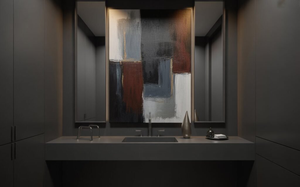 dark bathroom with modern wall art decor