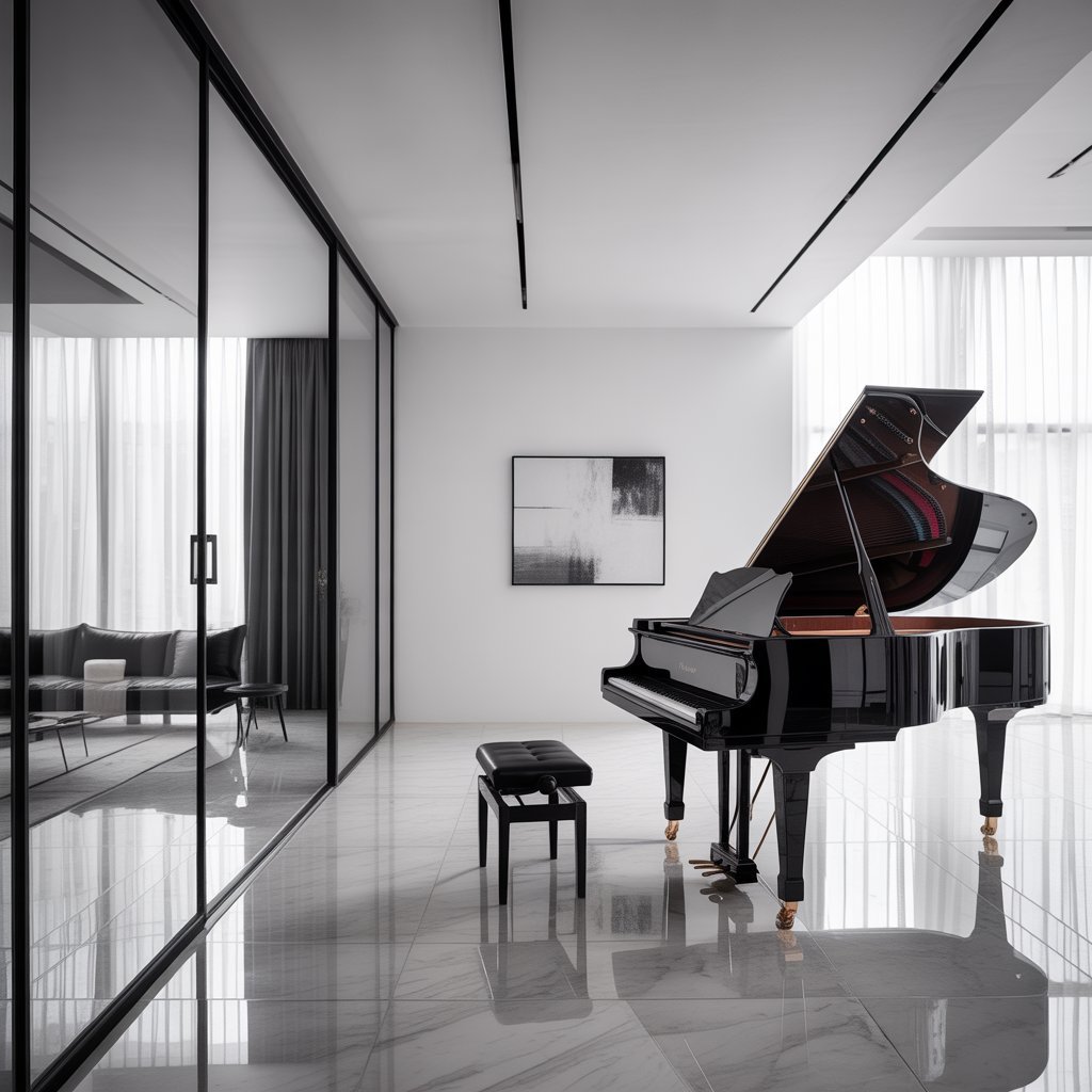 monochrome piano room with black and white tones