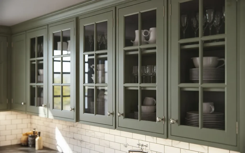 sage green kitchen with glass cabinets