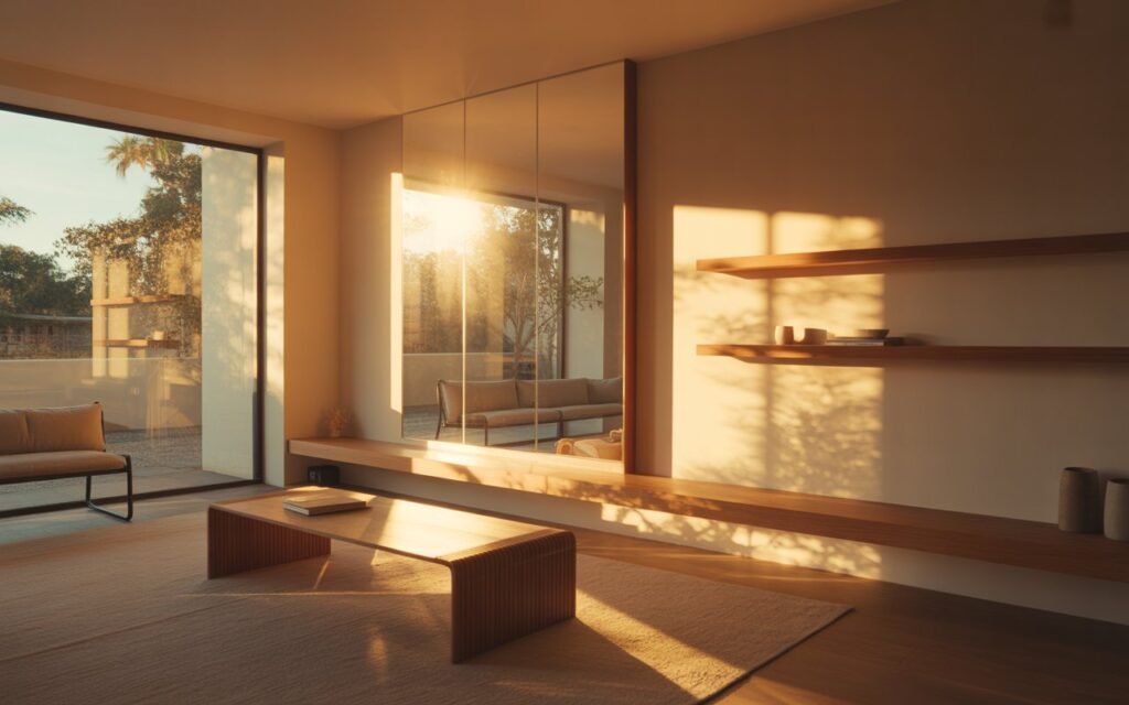 small space decor with mirror reflecting light to make room look bigger