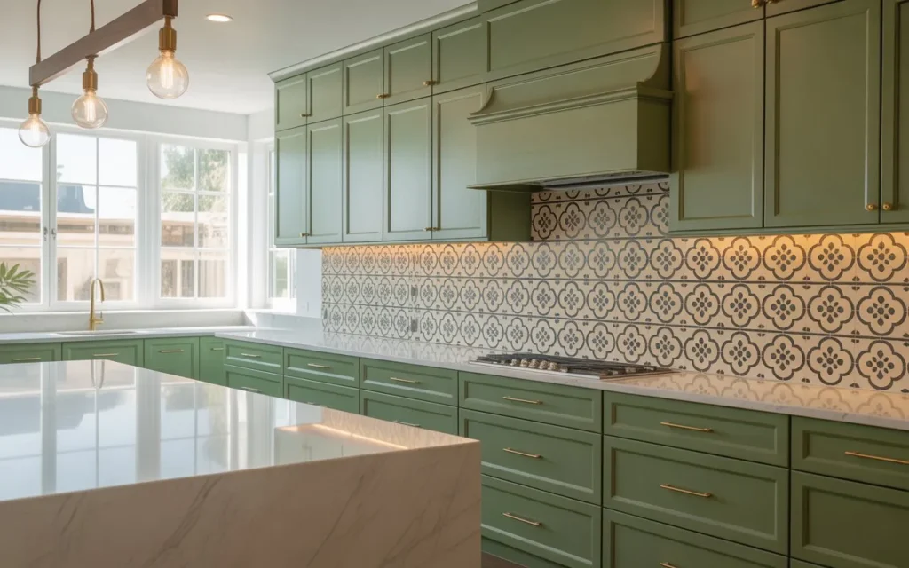 sage green kitchen with patterned backsplash