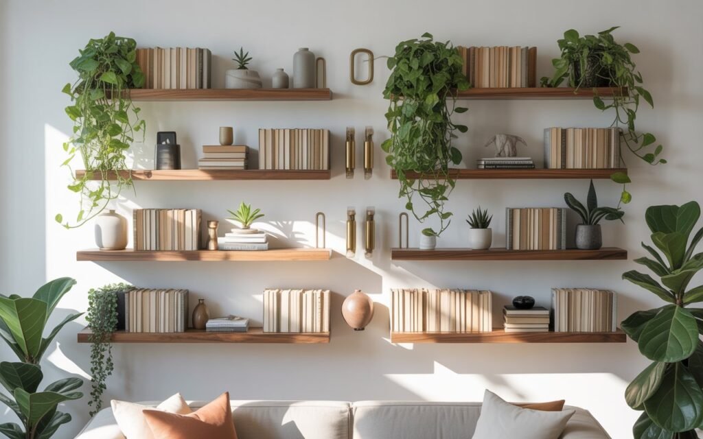 shelf decor with plants in living room