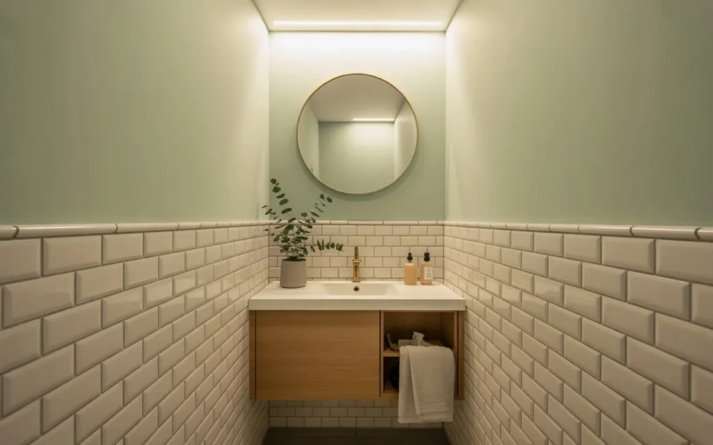 small bathroom with sage green walls