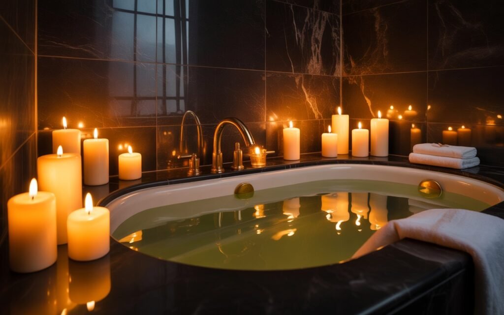 dark bathroom with candle lighting creating cozy atmosphere