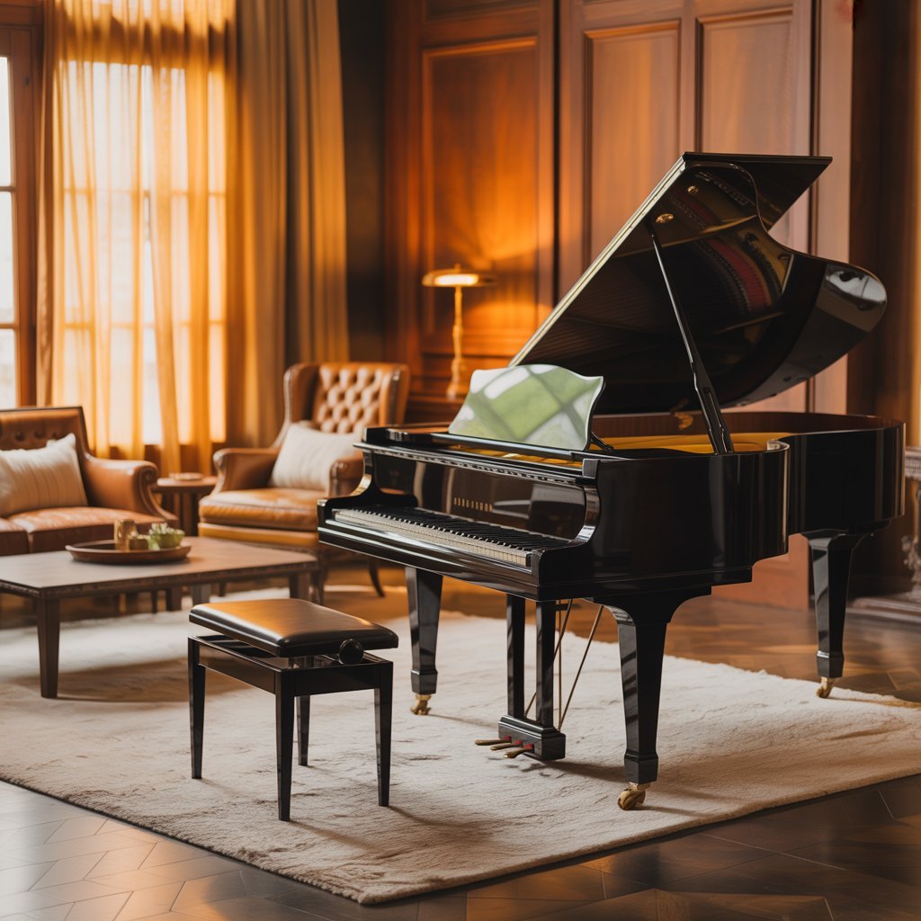 piano room with soft rug and cozy decor