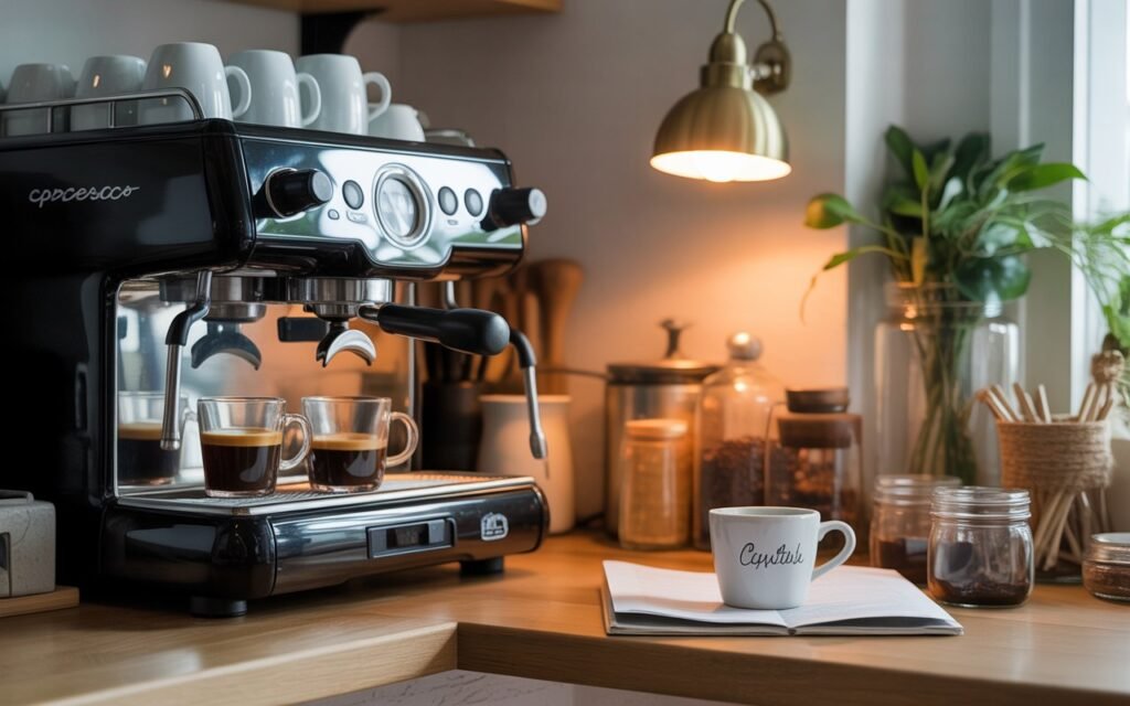 aesthetic coffee station setup in kitchen corner