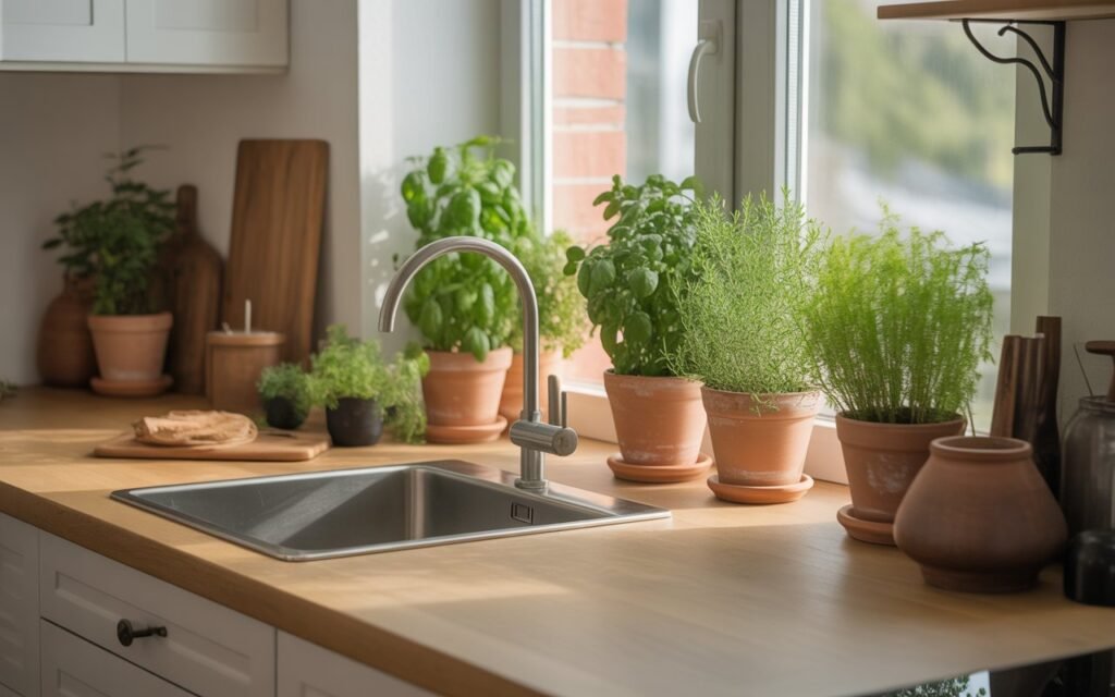 indoor plants and herbs styled in aesthetic kitchen