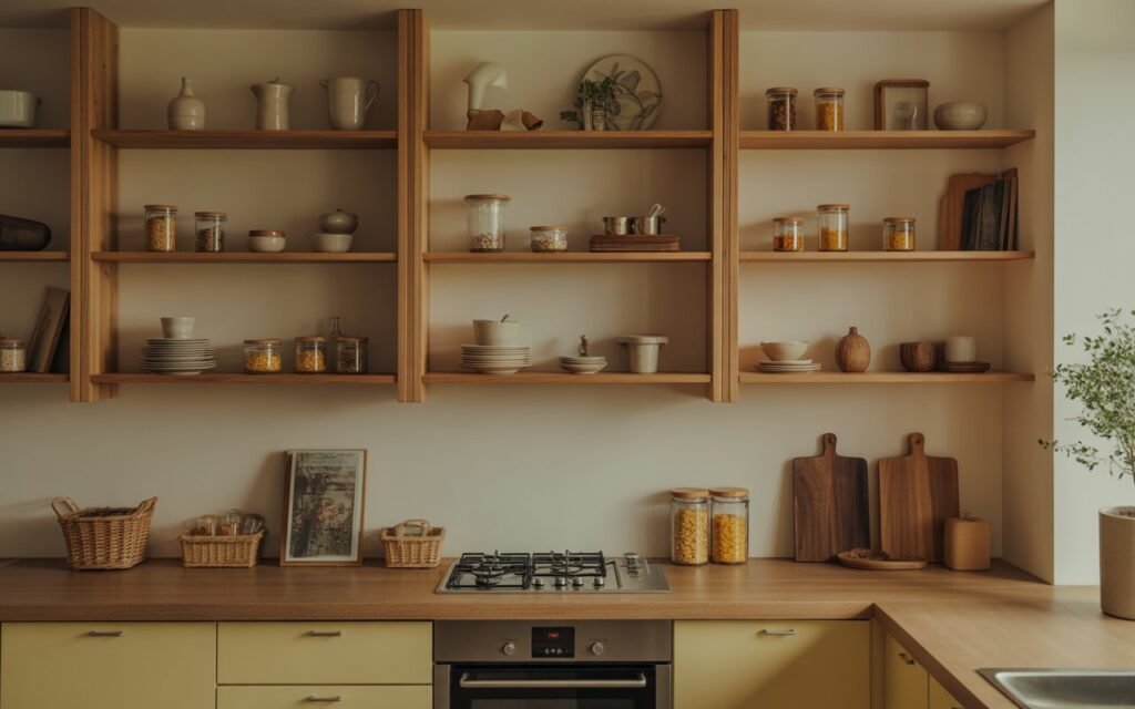 aesthetic kitchen with open wooden shelves and styled decor