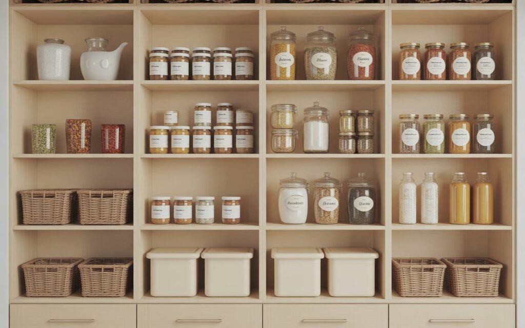 organized pantry with labeled jars and aesthetic storage