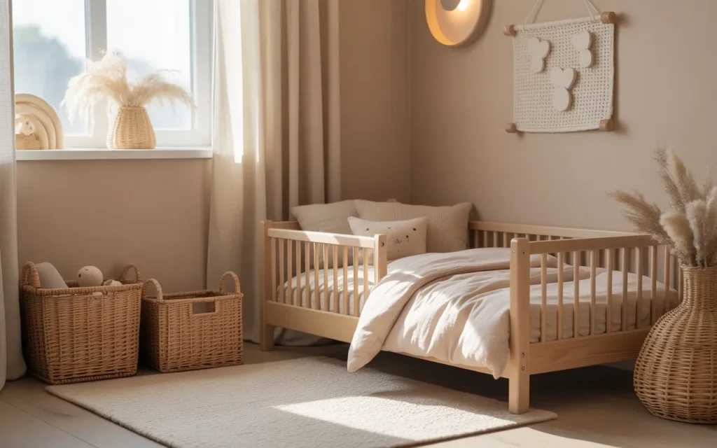 soft neutral toddler bedroom with wooden bed and cozy decor