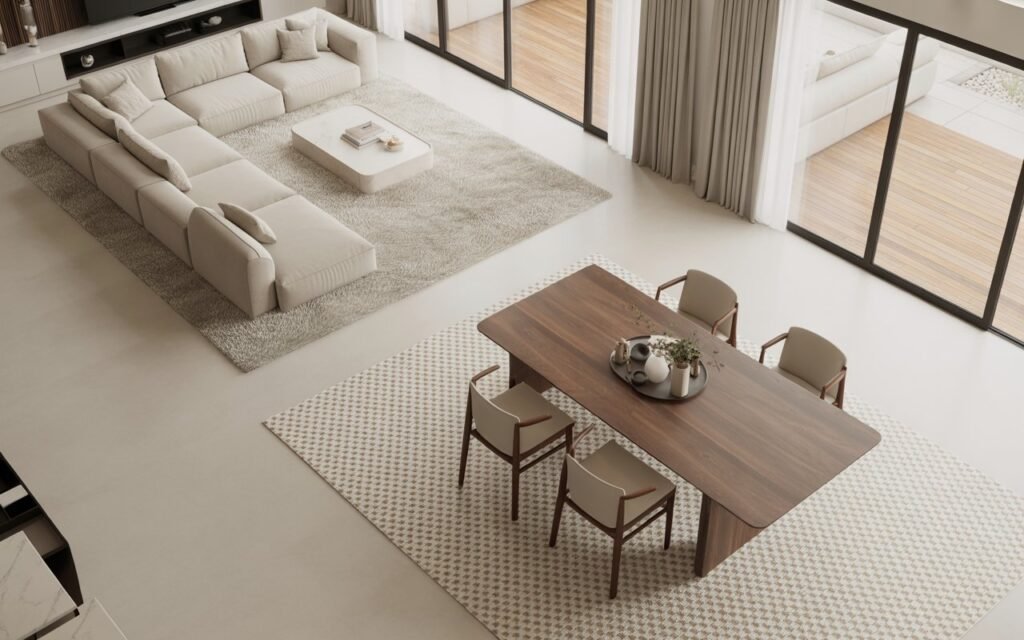 open layout living room dining room rug zoning