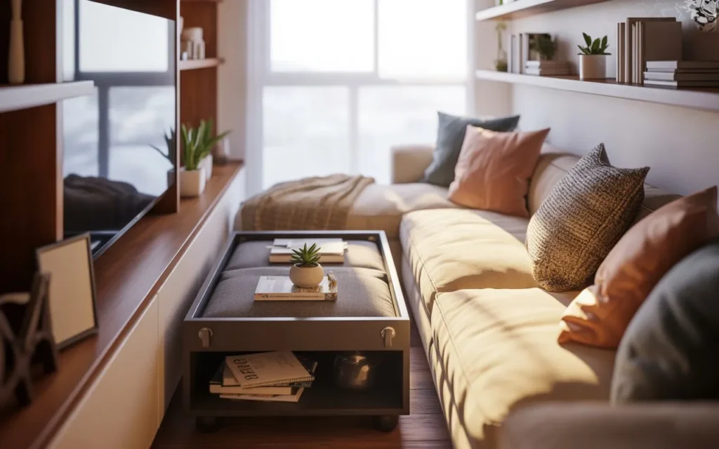 multifunctional furniture in narrow living room