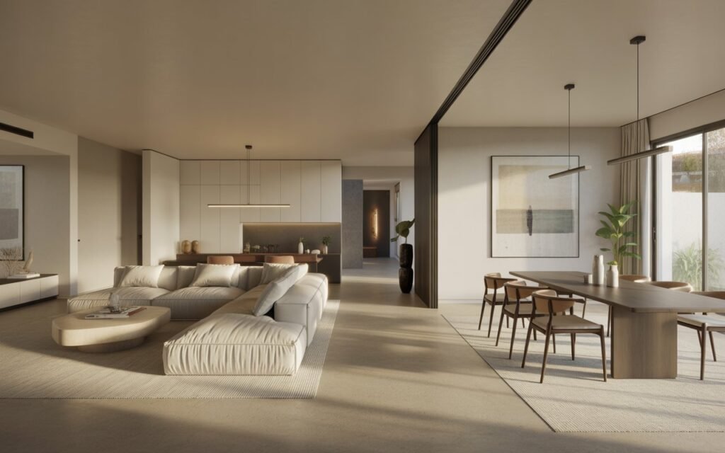 cohesive style open layout living dining