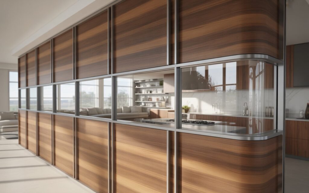 mixed material half wall kitchen living room