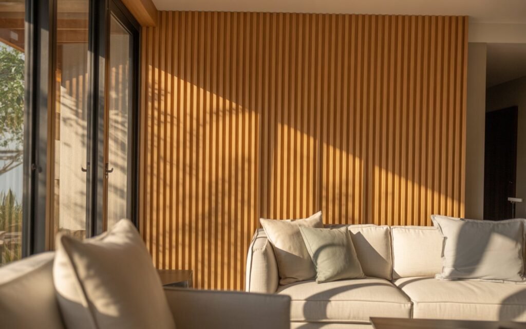 vertical wood slat accent wall modern living room