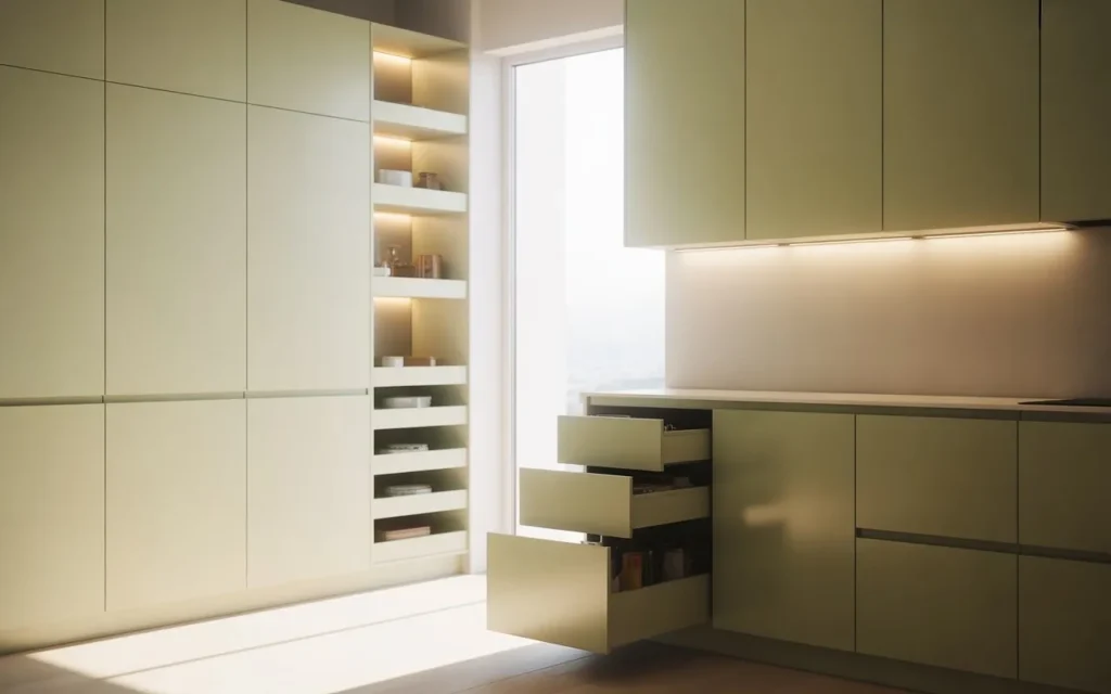 small modern kitchen cabinet design with ceiling height cabinets and light colors