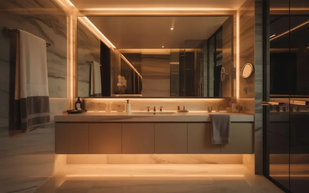 warm ambient lighting in luxury bathroom design