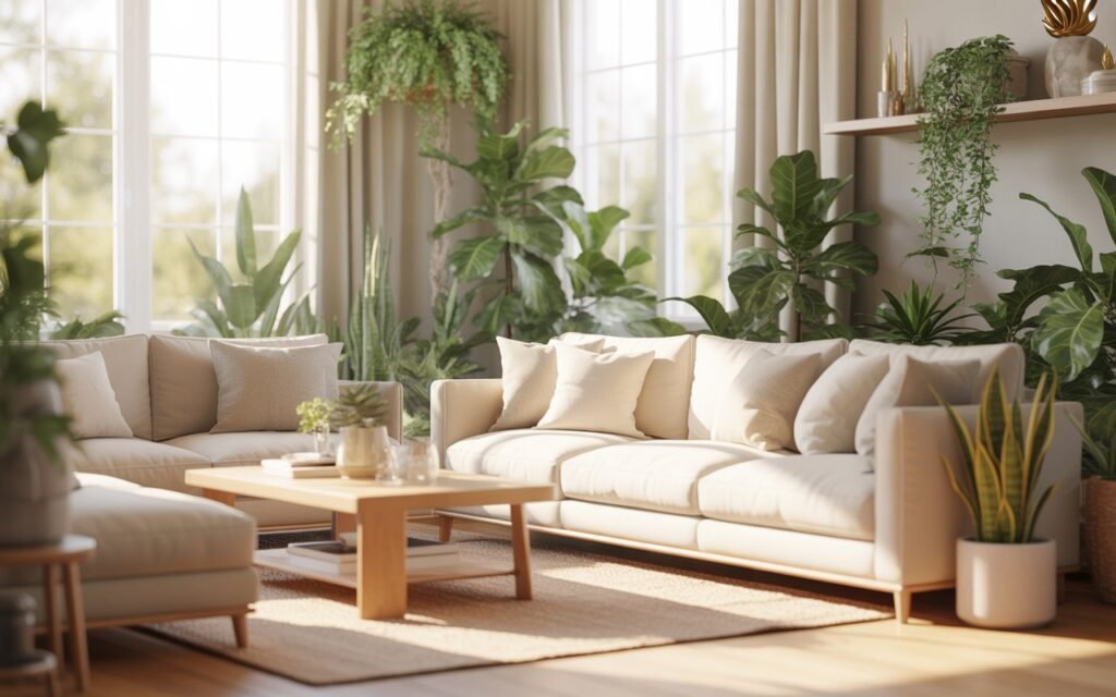 bright living room with plants and natural light