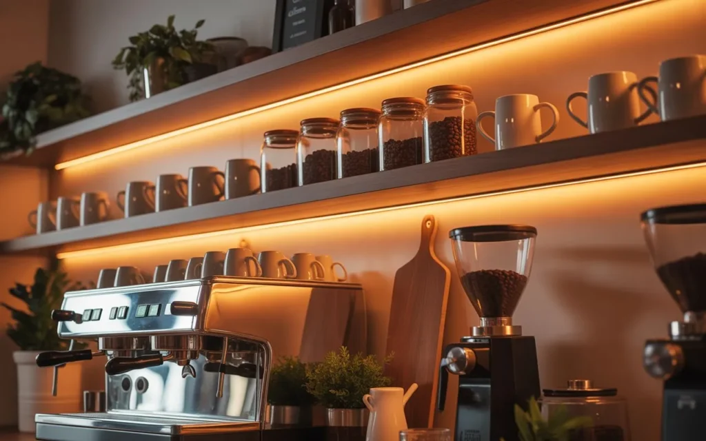 coffee bar warm lighting cozy setup